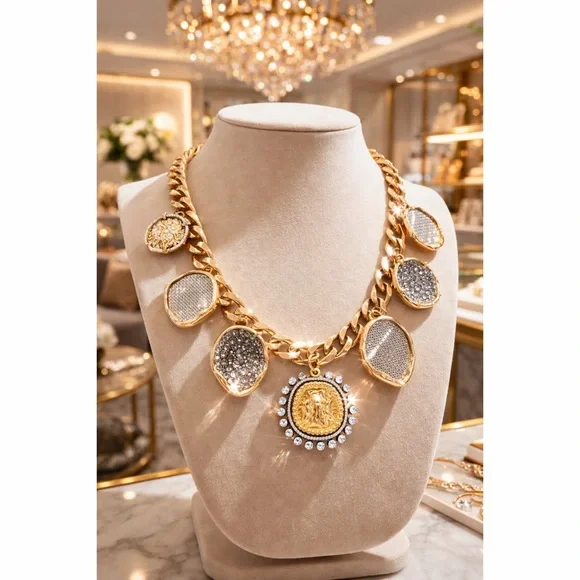 LARGE Mixed Metal Gold Chain with Adjuster Sparkly Statement Necklace - Picture 1 of 4